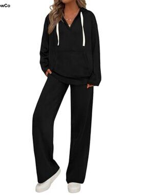 Two Piece Lounge Set Hoodie & Wide Leg Sweatpants Scuba Knit